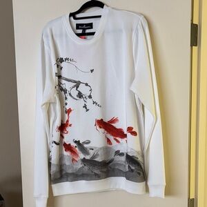 White Long-Sleeve Sweatshirt with Red Koi Print